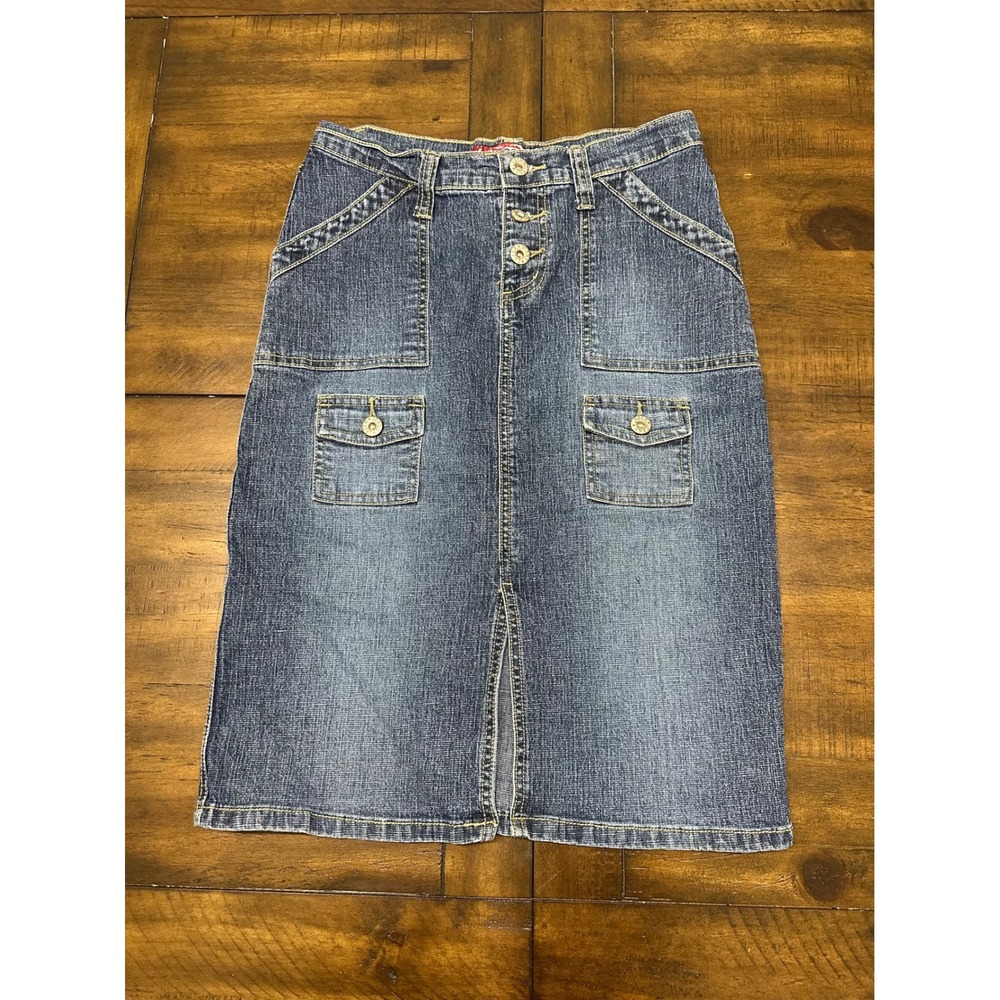 Y2K Lazer Jeans Womens MediumWash Denim Midi Skirt Button Fly MultiPocket Size 1